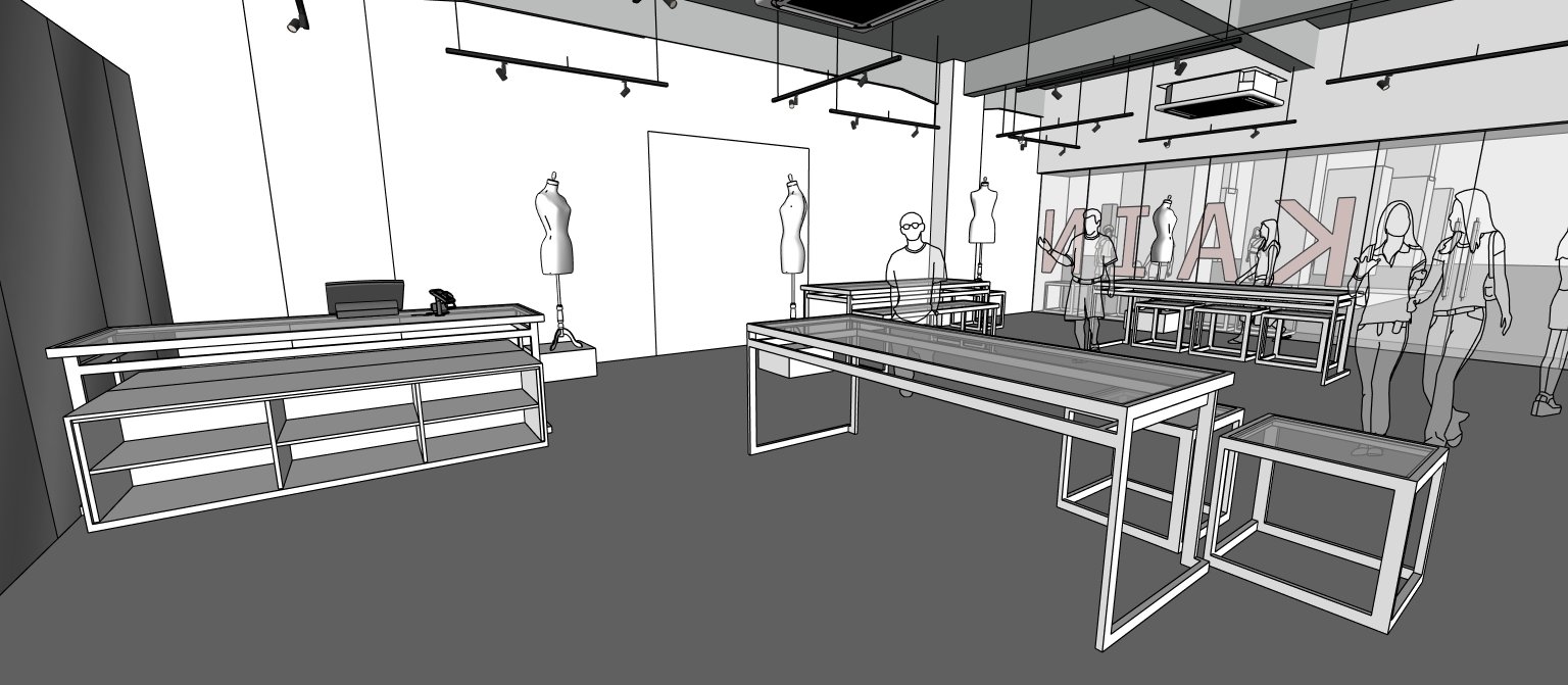 Architectural render inside the incubator: glass-topped pattern tables, a counter and mannequins, with the KAIN sign on the glazing