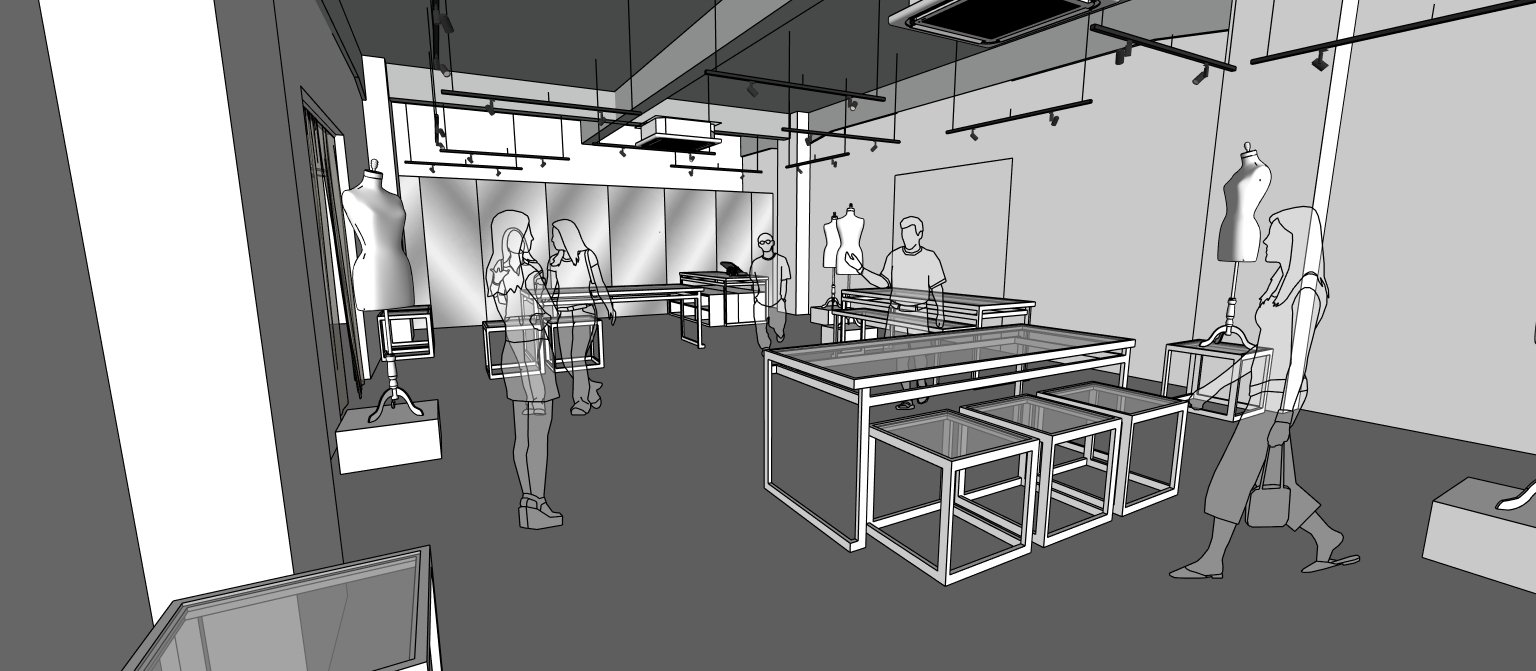 Architectural render of the open-plan workspace with pattern tables, stools and dress forms under track lighting
