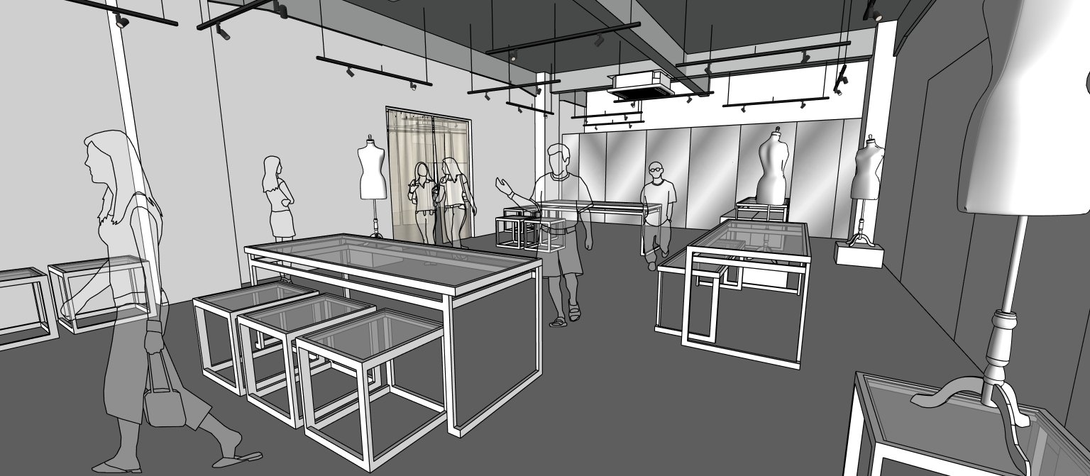 Architectural render of the workspace with pattern tables, nesting stools and dress forms, a curtained room beyond
