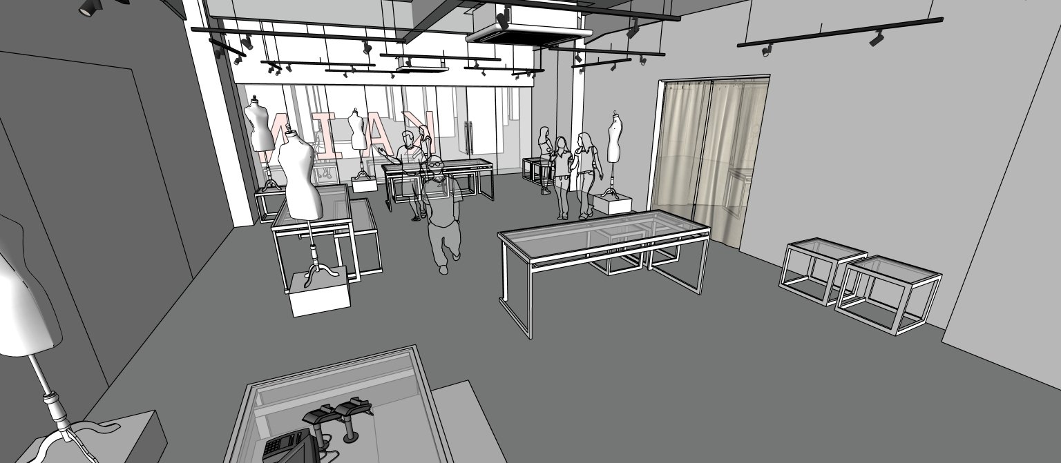 Architectural render, elevated view across the incubator: display tables, mannequins and a curtained room