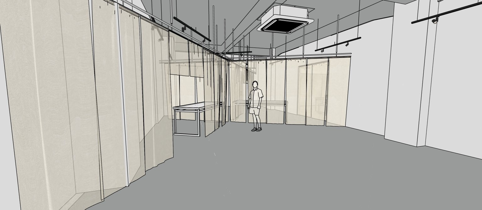 Architectural render of a flexible room enclosed by sheer linen curtains, with a work table