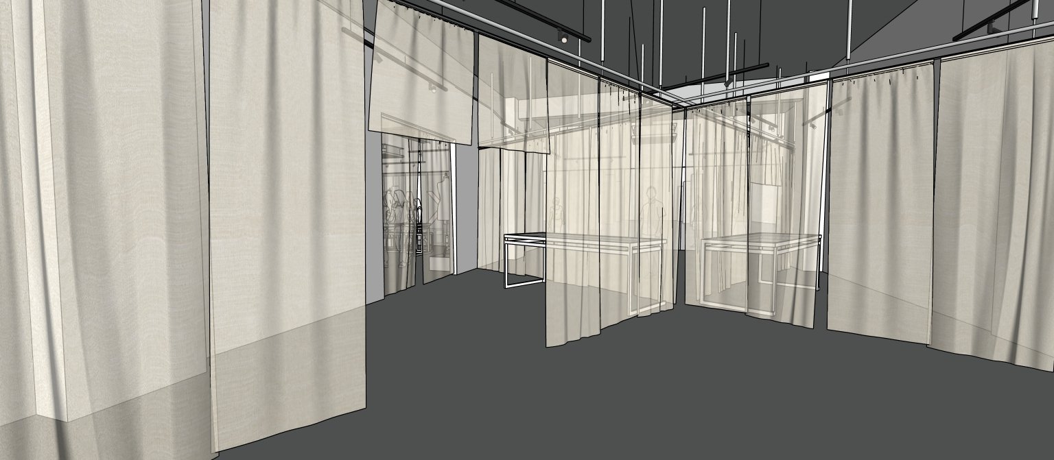 Architectural render of the curtained area with sheer linen drapes and work tables