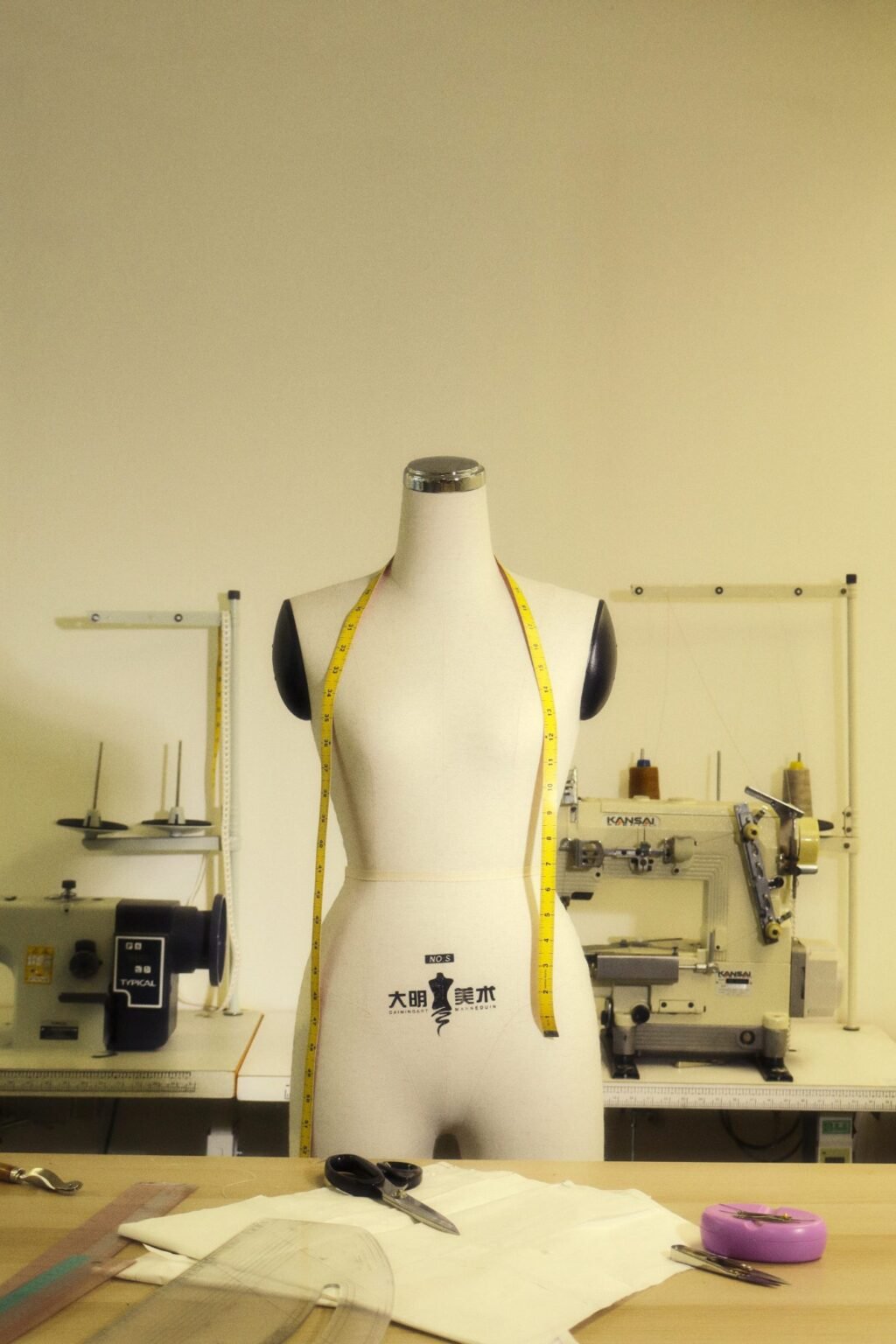 A dress form with a tape measure in a sewing studio